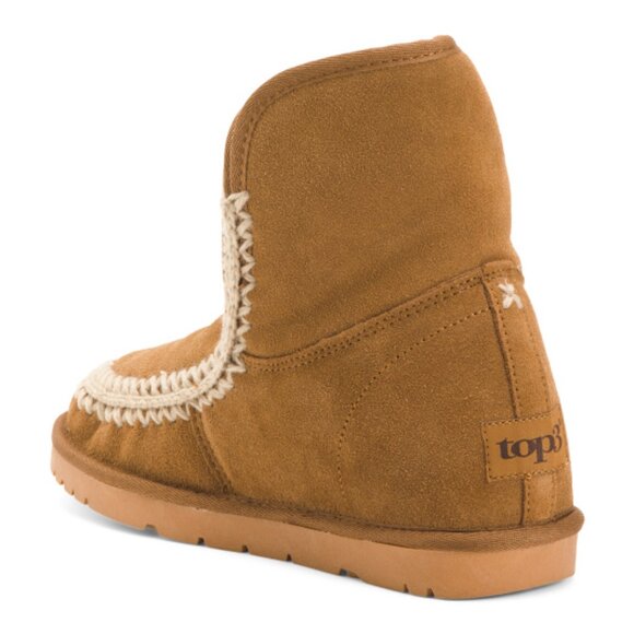 NEW TOP3 Suede Cozy Booties With Faux Fur Interior And Back Bows camel 462tn - Picture 2 of 2